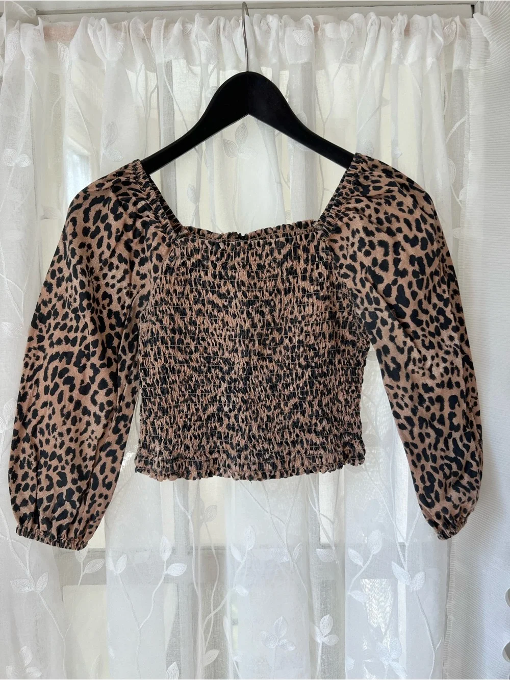 GAP Leopard Smocked Puff-Sleeve Crop Top - Brown/Black